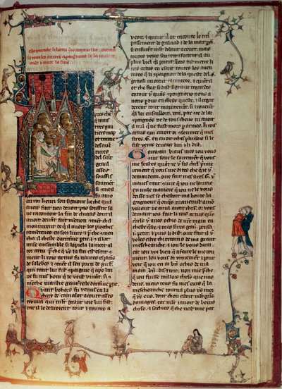 Walter Map taking down a story of the adventures of the Knights of the Round Table on the quest of the Holy Grail at the dictation of King Arthur, from the Manchester Arthurian Roman by English School